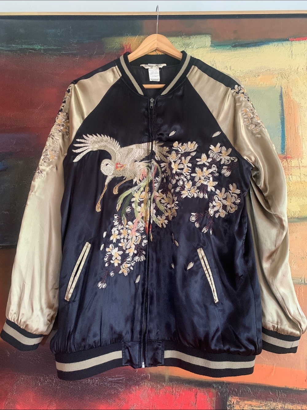 Indigo Rein Embroidered Crane Sukajan Bomber Jacket, Sz M